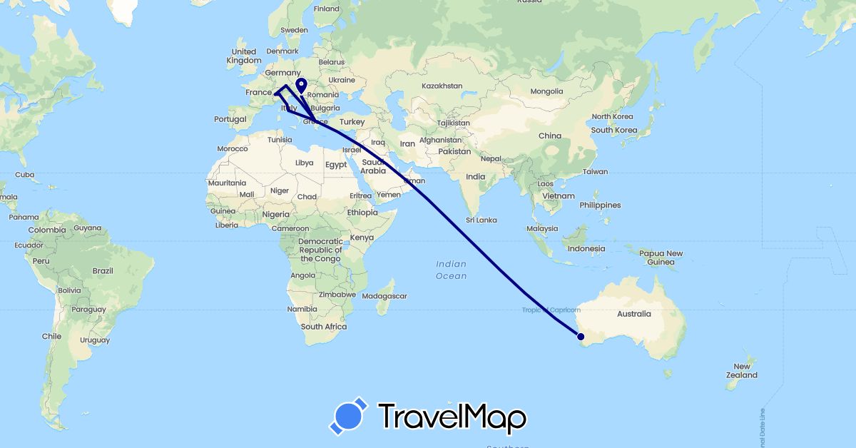 TravelMap itinerary: driving in Australia, Switzerland, Germany, Greece, Croatia, Italy (Europe, Oceania)